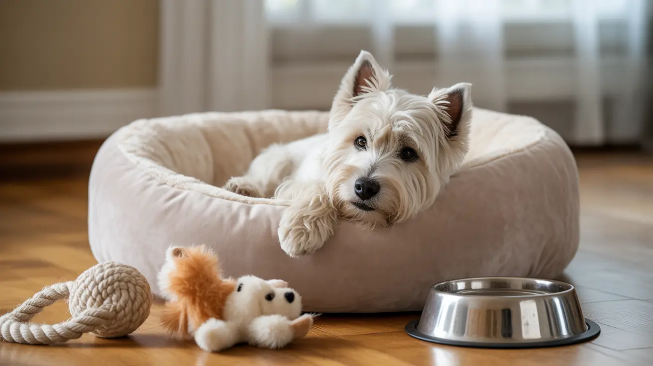 A white Westie lounging comfortably in a plush beige dog bed, with toys and a water bowl nearby