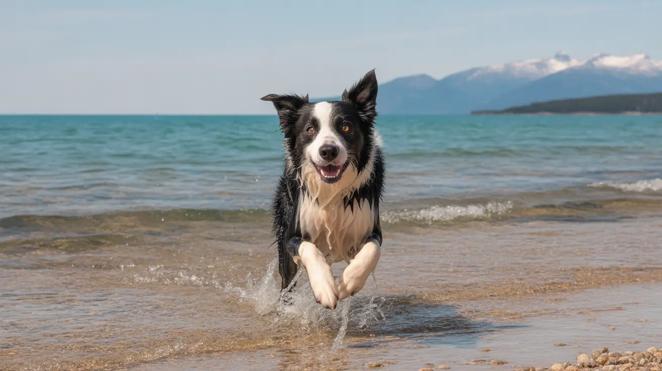 A wet Border Collie running through shallow water at a lake shoreline with snow-capped mountains in the background