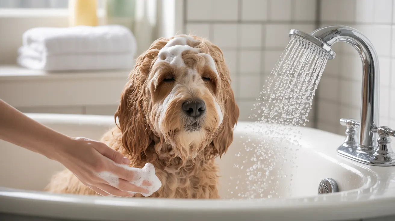 A wet Cockapoo being bathed in a white bathroom sink with a running shower head
