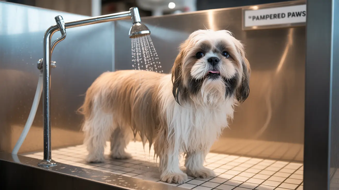 A wet Shih Tzu dog standing in a professional grooming shower station