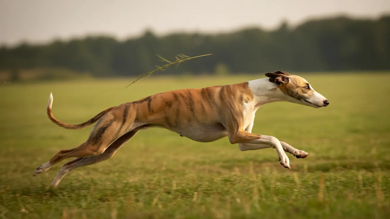 広々とした草原をしなやかに跳躍し、驚異的なスピードと俊敏さを見せるウィペット犬