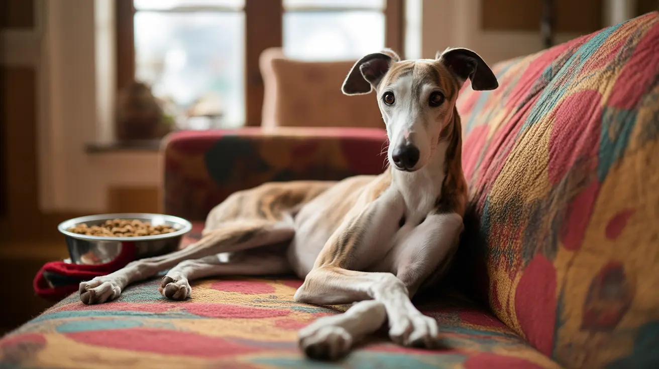Un whippet delgado descansando cómodamente en un sofá de patrón colorido junto a un tazón de comida