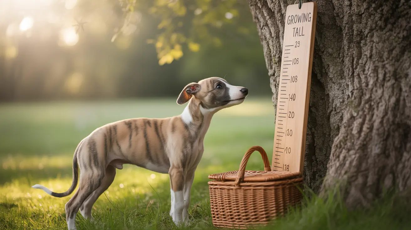 Young Whippet standing by height measurement chart attached to a tree with wicker basket nearby