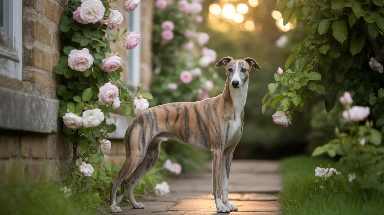 A slender Whippet standing elegantly among blooming pink roses in a sunlit garden pathway