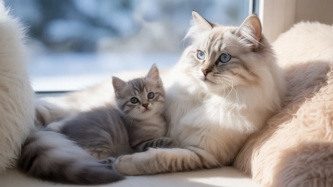 White long-haired adult cat sitting with a gray kitten on a soft, furry surface near a window