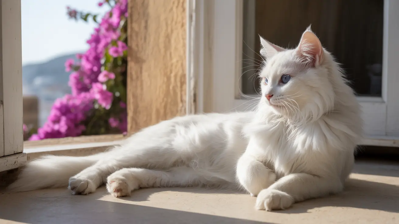Un gato de pelo largo y totalmente blanco descansa elegantemente junto a una ventana soleada, con flores rosas de fondo.