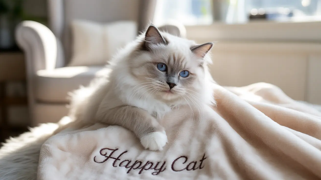 A beautiful white and cream Ragdoll cat with striking blue eyes sitting on a soft beige blanket with 'Happy Cat' embroidered text