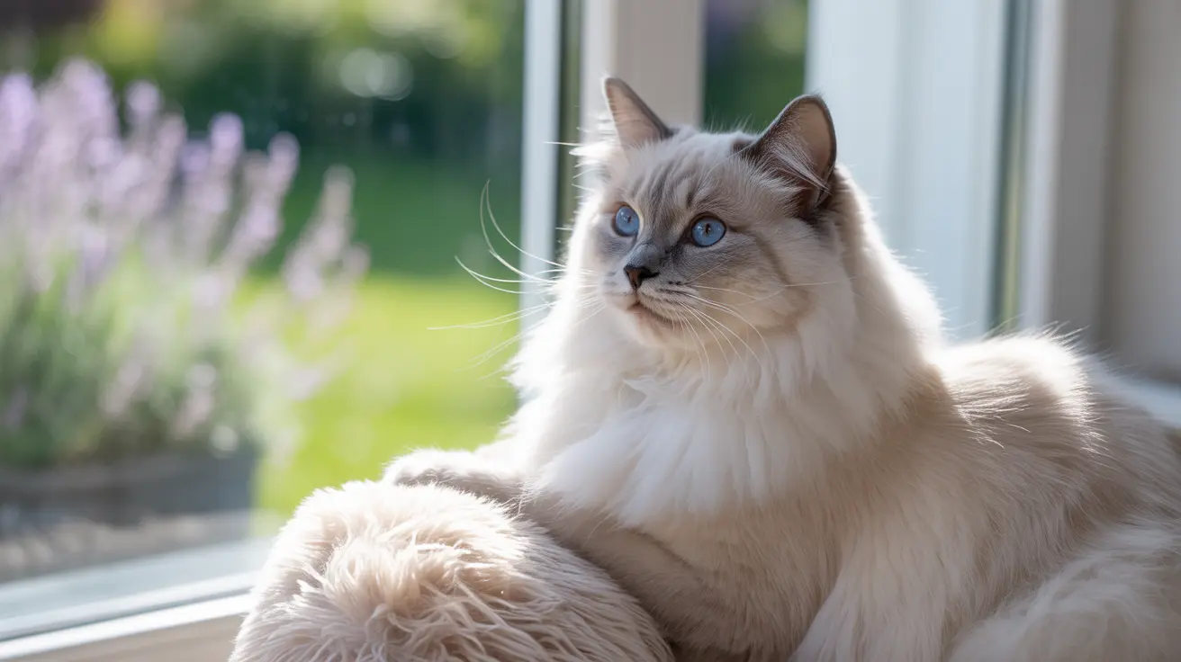 Un gato Ragdoll blanco y crema con ojos azules penetrantes sentado elegantemente junto a una ventana con luz natural suave.