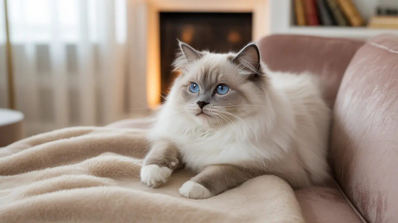 A stunning white and gray Ragdoll cat with piercing blue eyes resting on a soft beige blanket