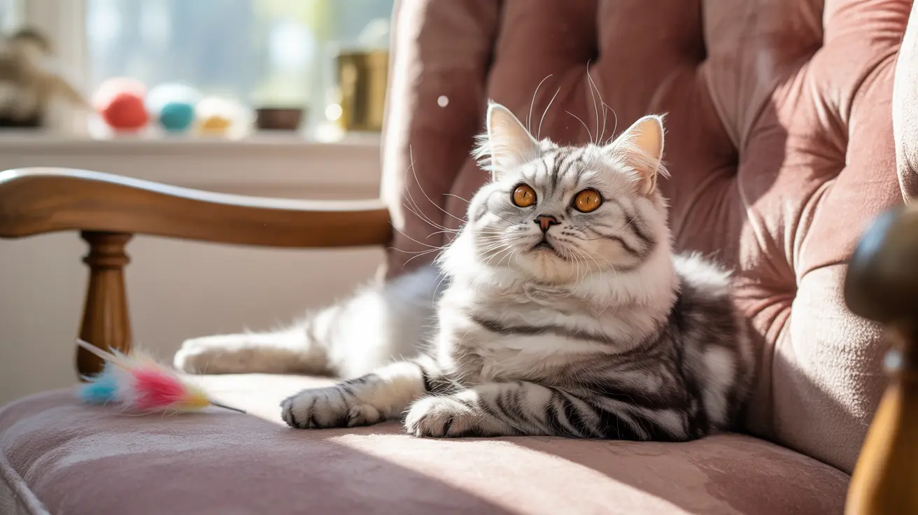 White and gray tabby American Shorthair cat lounging elegantly on a plush chair near a window
