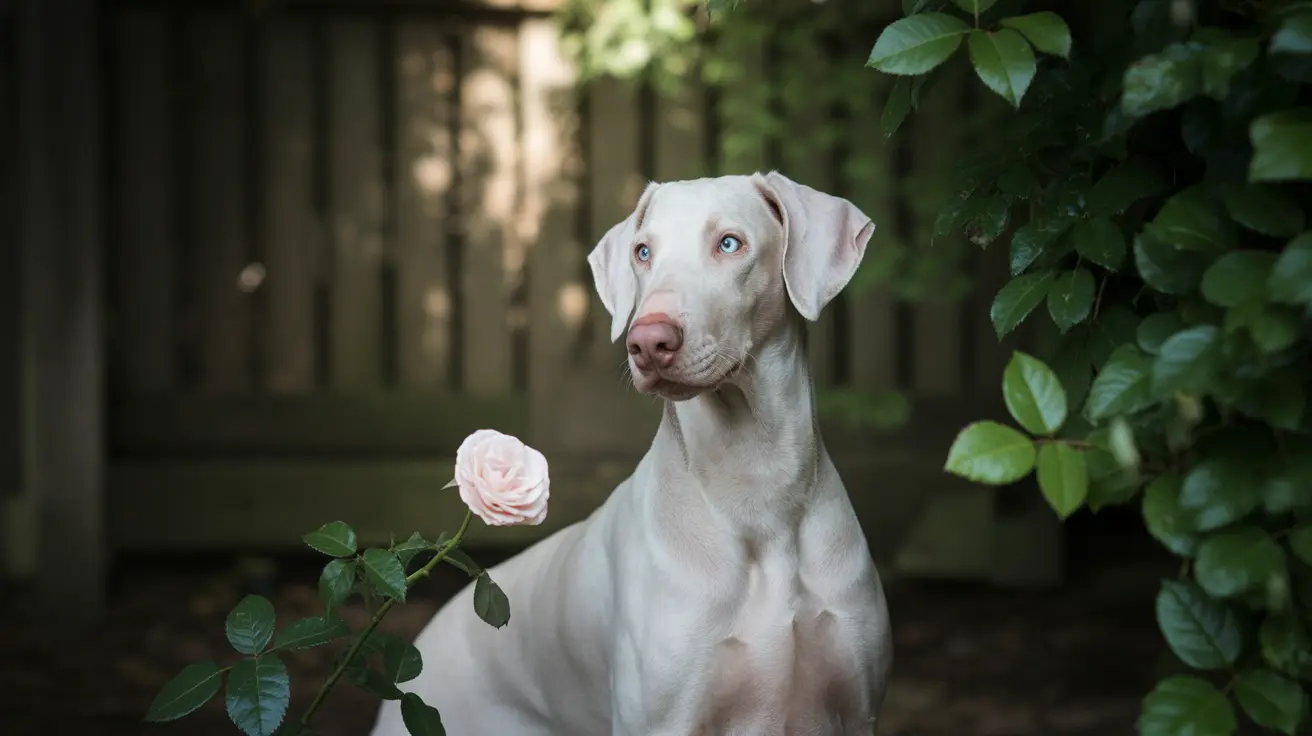 A stunning white Labrador with striking blue eyes sitting next to a delicate pink rose in a garden setting
