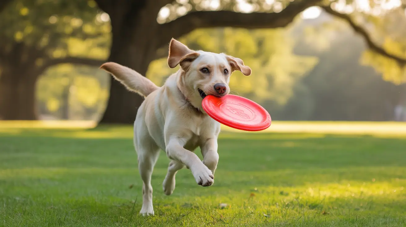 White Labrador Retriever running on green lawn with red frisbee in mouth