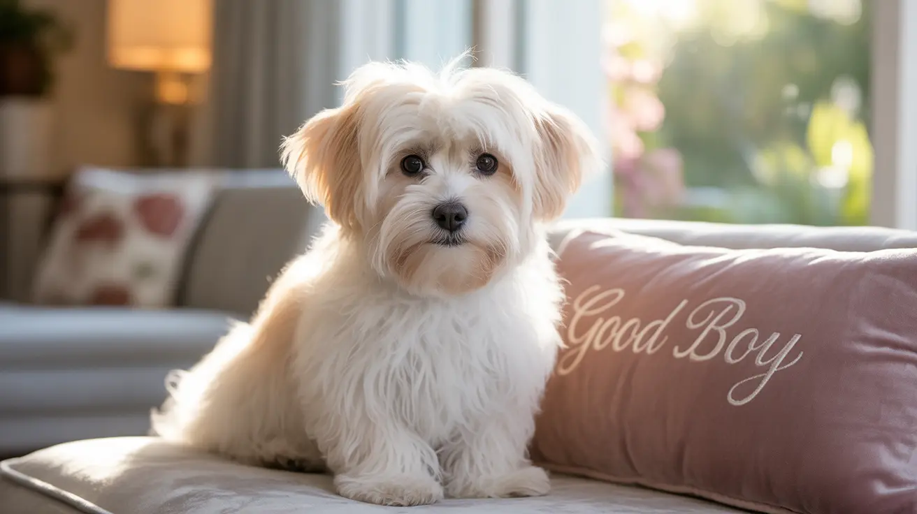 A fluffy white Maltese dog sitting on a couch near a window with natural light