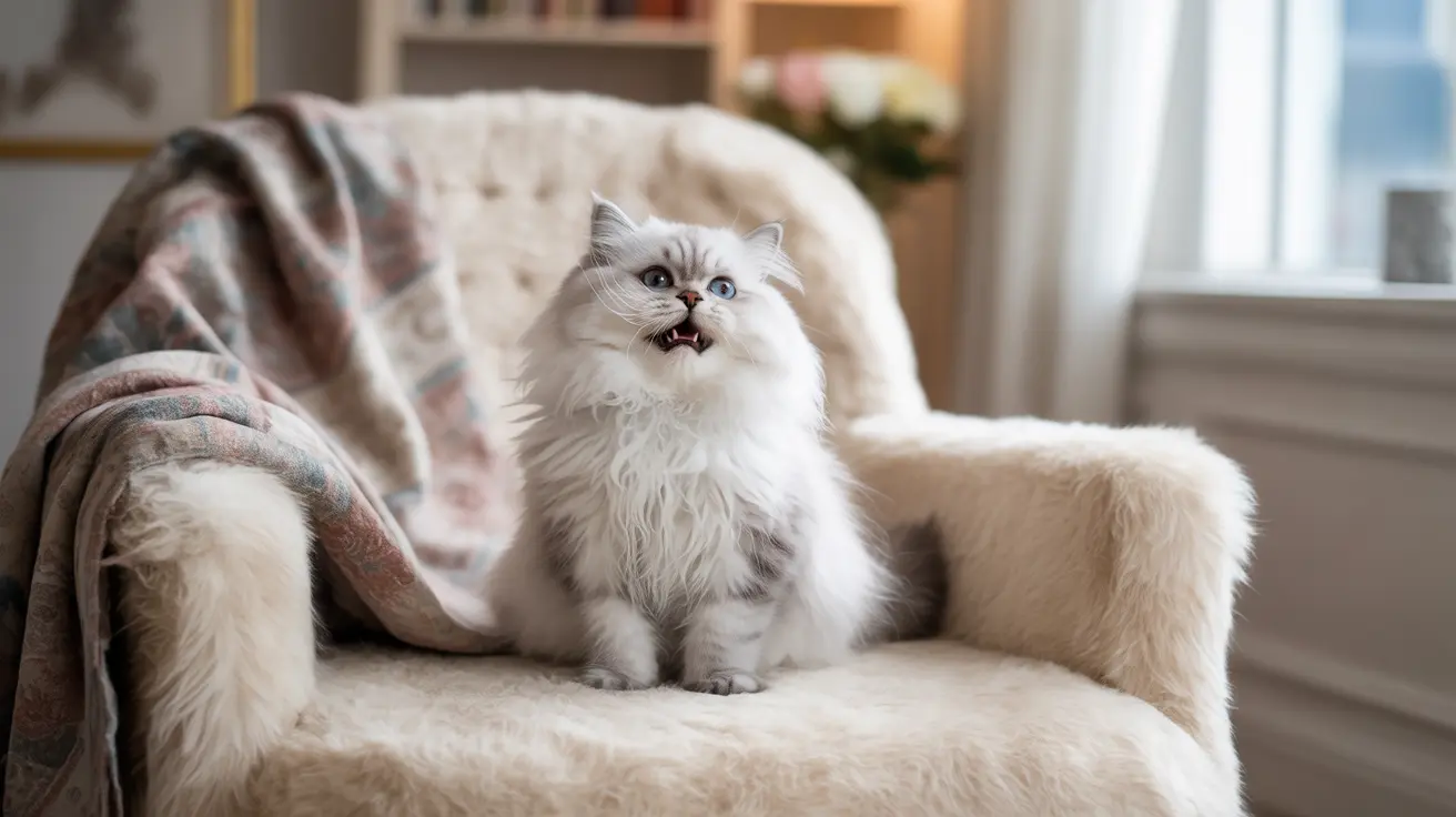 A fluffy white Persian cat sitting on a cream-colored armchair with an expressive, slightly open-mouthed expression.
