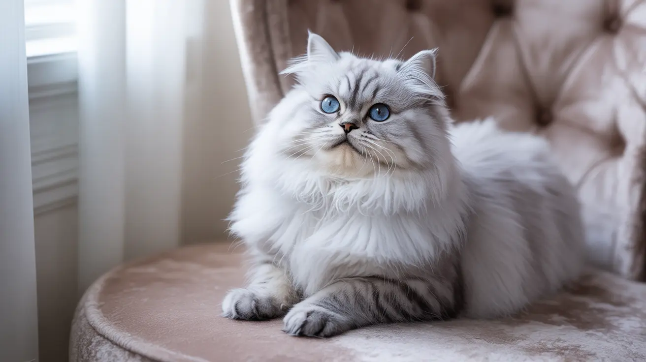 A pristine white Persian cat with stunning blue eyes sitting regally on a soft beige cushion