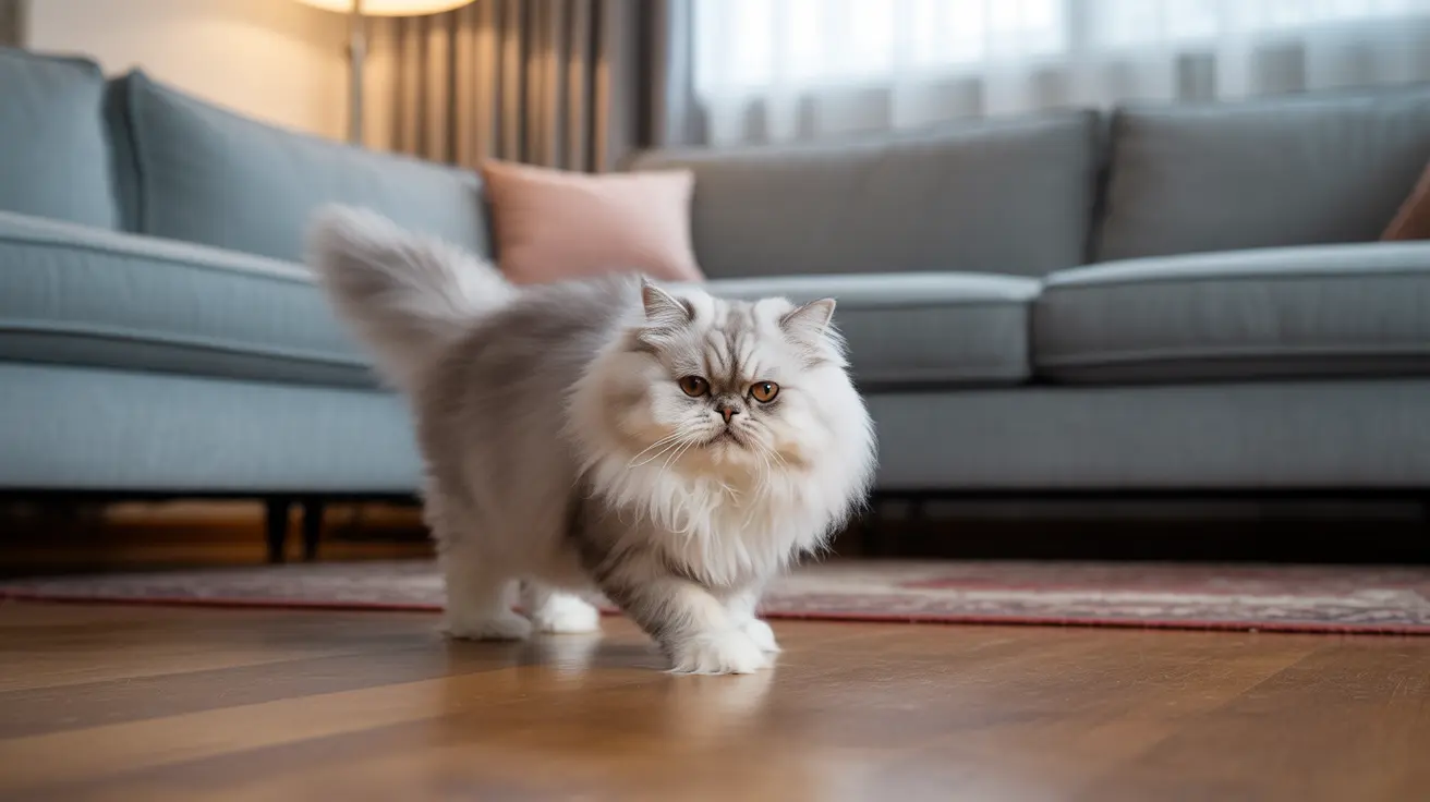 A fluffy white Persian cat standing on a wooden floor in front of a gray sofa