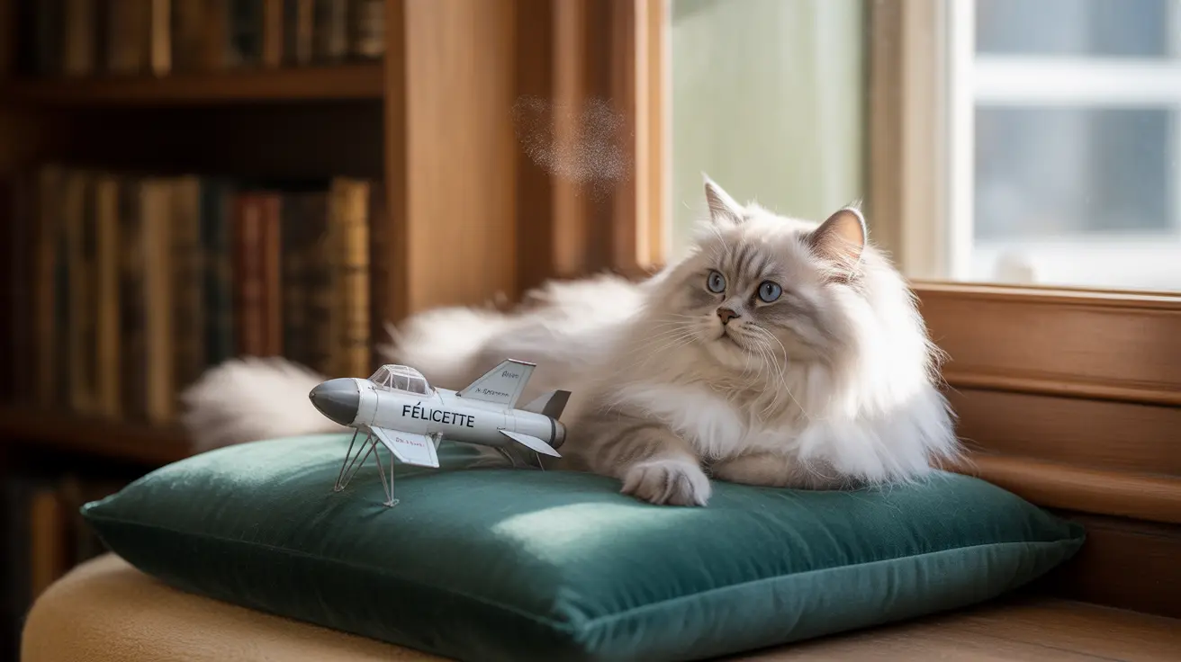 Fluffy white Persian cat sitting beside a model spacecraft on a green cushion near bookshelf and window