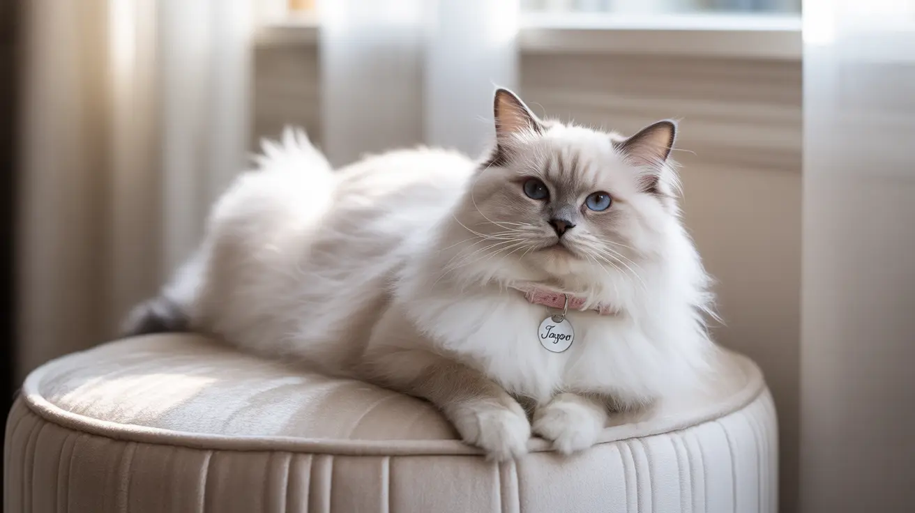 A stunning white Ragdoll cat with piercing blue eyes sitting regally on a light-colored cushioned seat