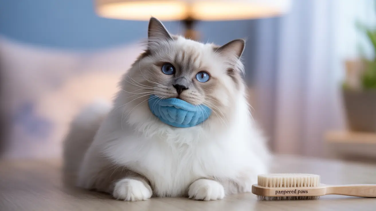 A fluffy white Ragdoll cat with blue eyes holding a blue toy near a grooming brush