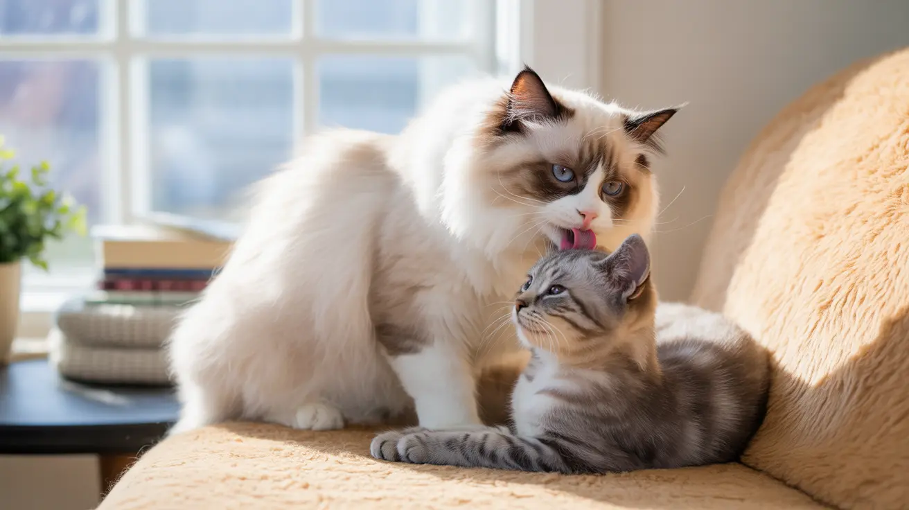 Un gato Ragdoll blanco con ojos azules acicalando a un gatito gris atigrado más pequeño cerca de una ventana soleada