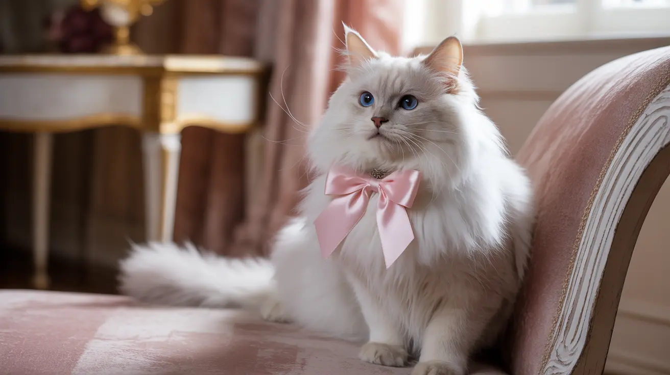 Un gato blanco impecable de raza Ragdoll con impresionantes ojos azules está sentado elegantemente en una silla rosa y lleva un delicado lazo rosa.