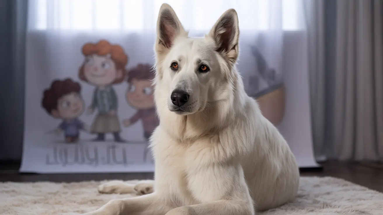 A majestic white shepherd dog sitting attentively on a soft beige carpet with a cartoon poster in the background.