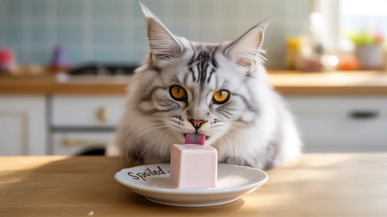 A fluffy white and silver tabby cat licking a pink cube labeled 'Spoiled'