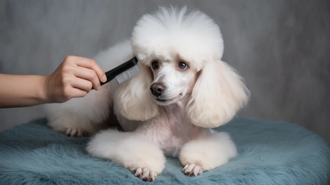 A white toy or miniature poodle being groomed with a brush, sitting on a blue fluffy surface