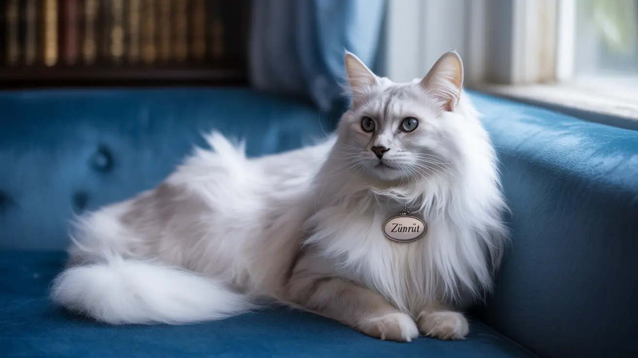 Un gato blanco de pelo largo está sentado elegantemente sobre un sofá azul cerca de una ventana.