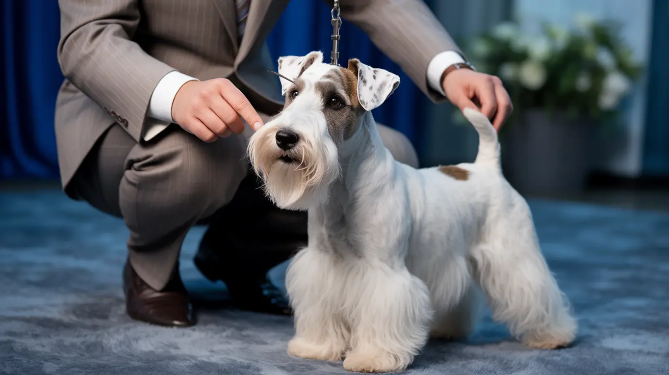 A well-groomed Wire Fox Terrier on a blue carpet with a handler in a pinstripe suit