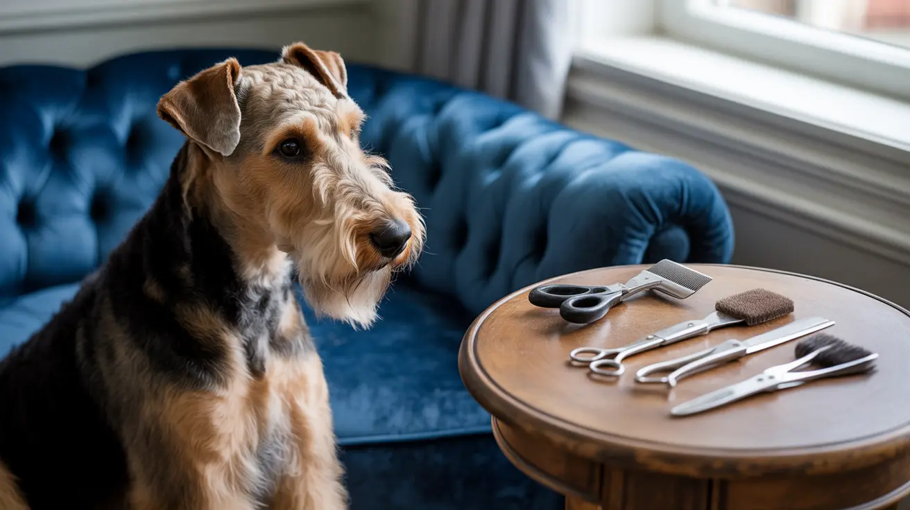 A Wire Fox Terrier sitting near grooming tools on a side table, looking attentive and slightly nervous.