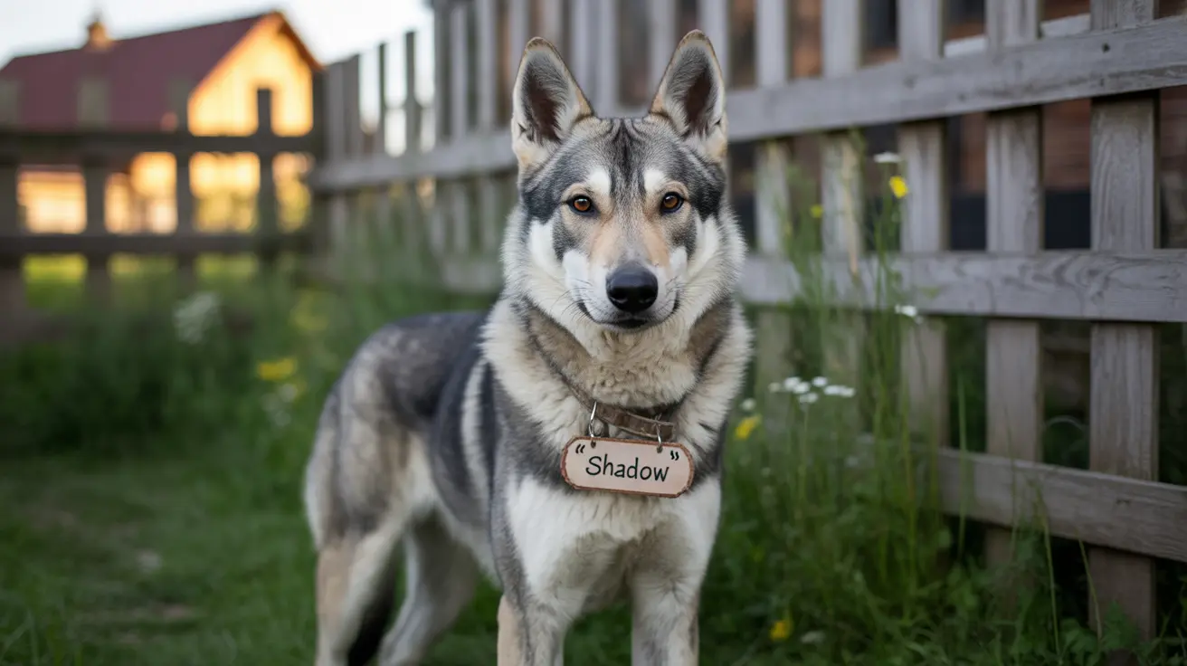 Cachorro parecido com lobo, de pelagem cinza e branca, em pé alertamente em um quintal cercado por uma cerca de madeira.
