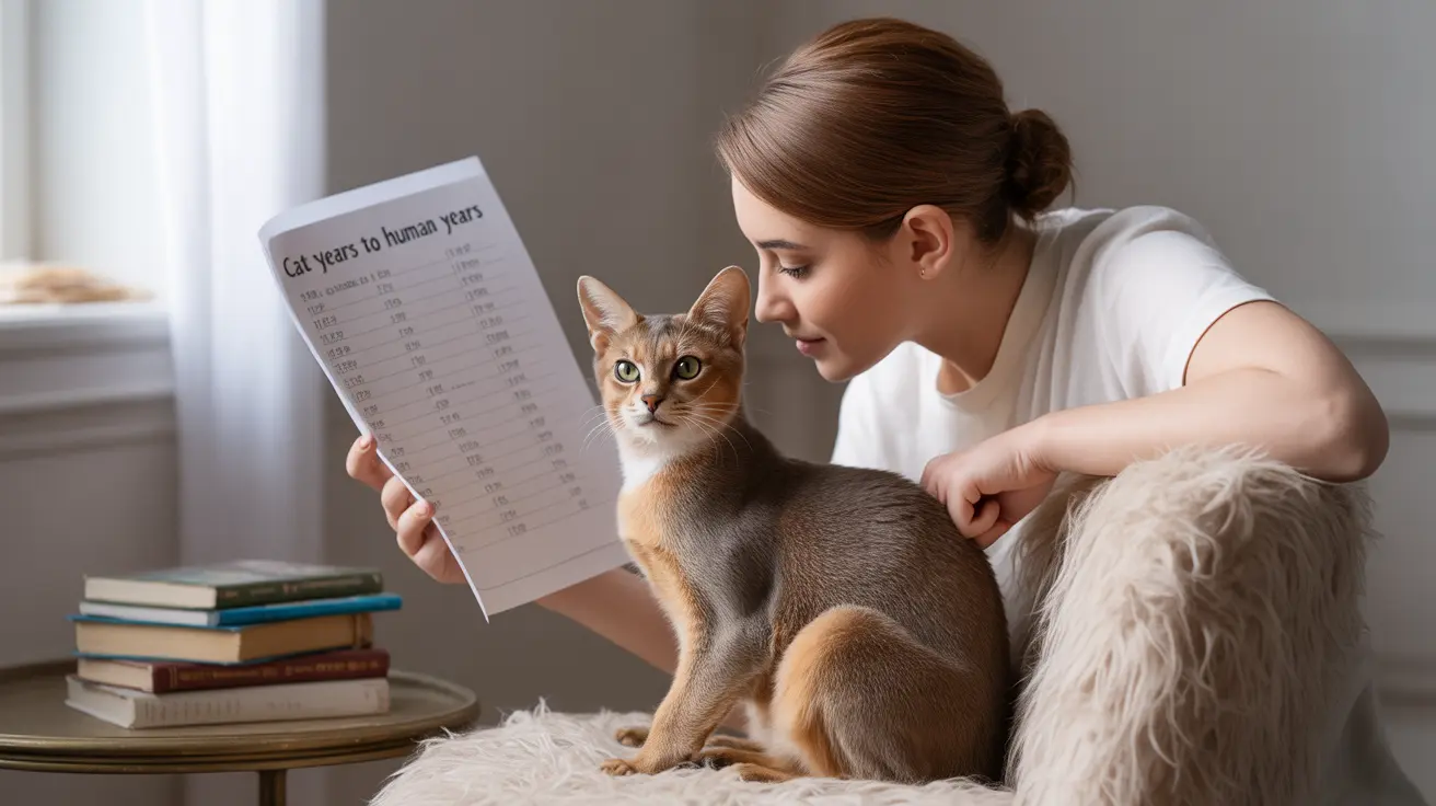 A woman and her Abyssinian cat looking at a 'Cat Years to Human Years' conversion chart