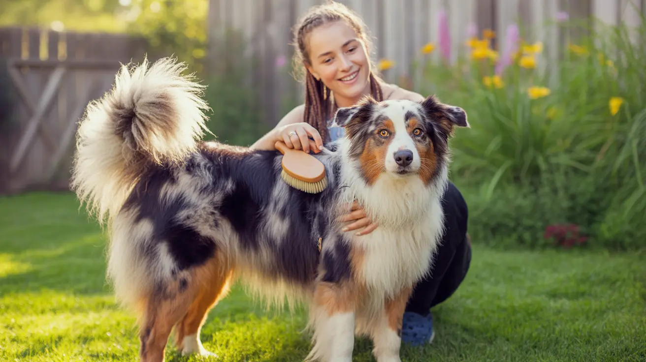A woman brushing an Australian Shepherd in a backyard garden setting