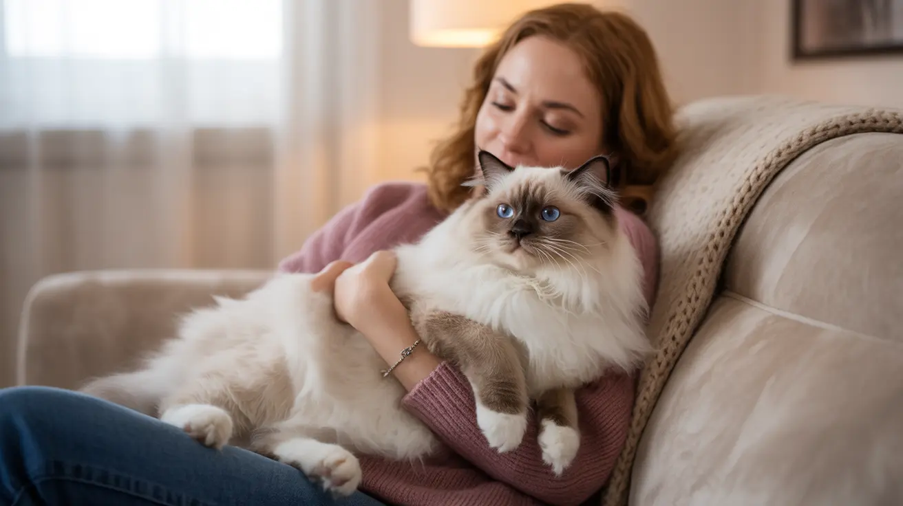 A woman cuddling a fluffy white and cream Ragdoll cat on a cozy living room couch