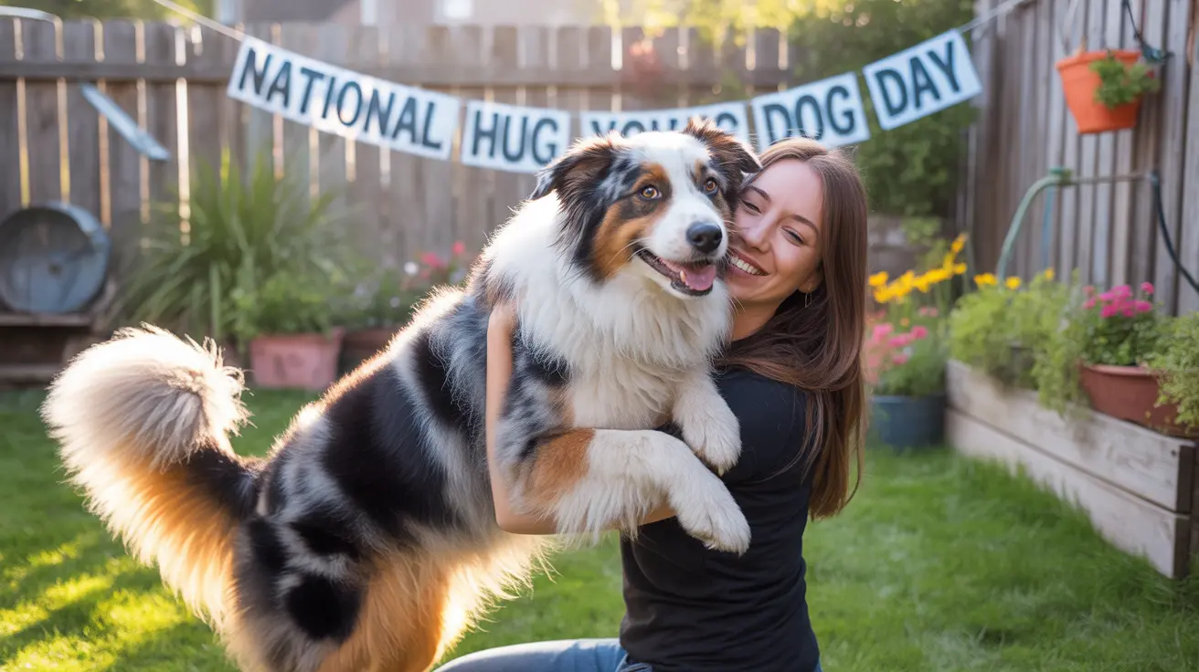 A woman hugging her Australian Shepherd dog in a backyard with a 'National Hug Your Dog Day' banner