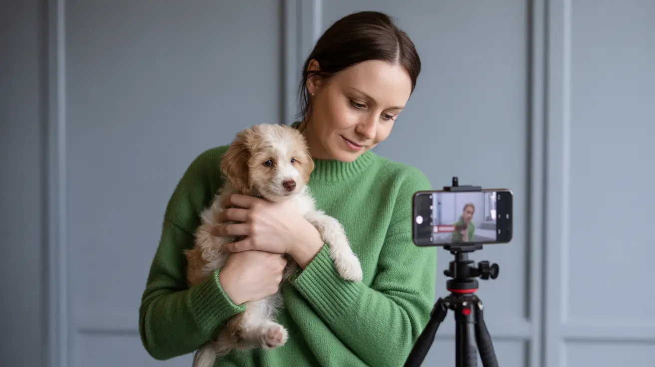 Rescued dog wearing a collar with a Houston skyline background