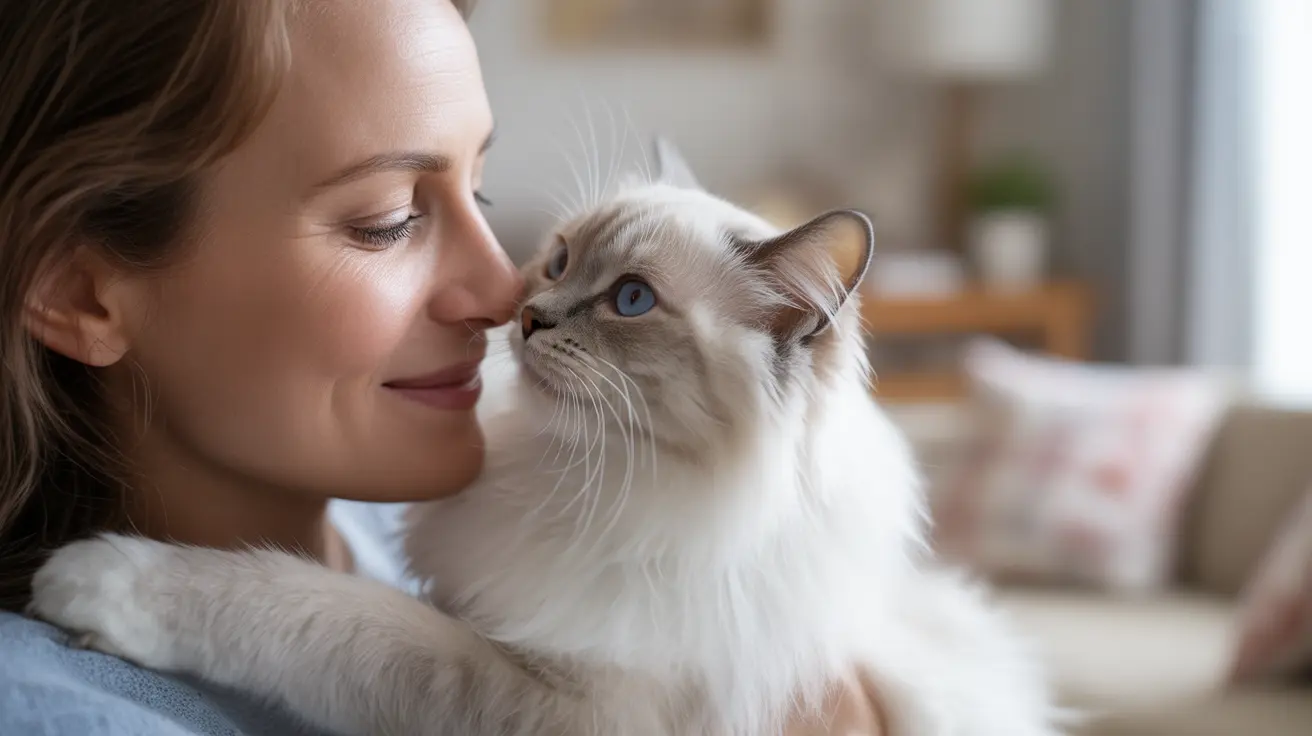 A tender moment between a woman and her white Ragdoll cat, sharing an intimate close-up interaction