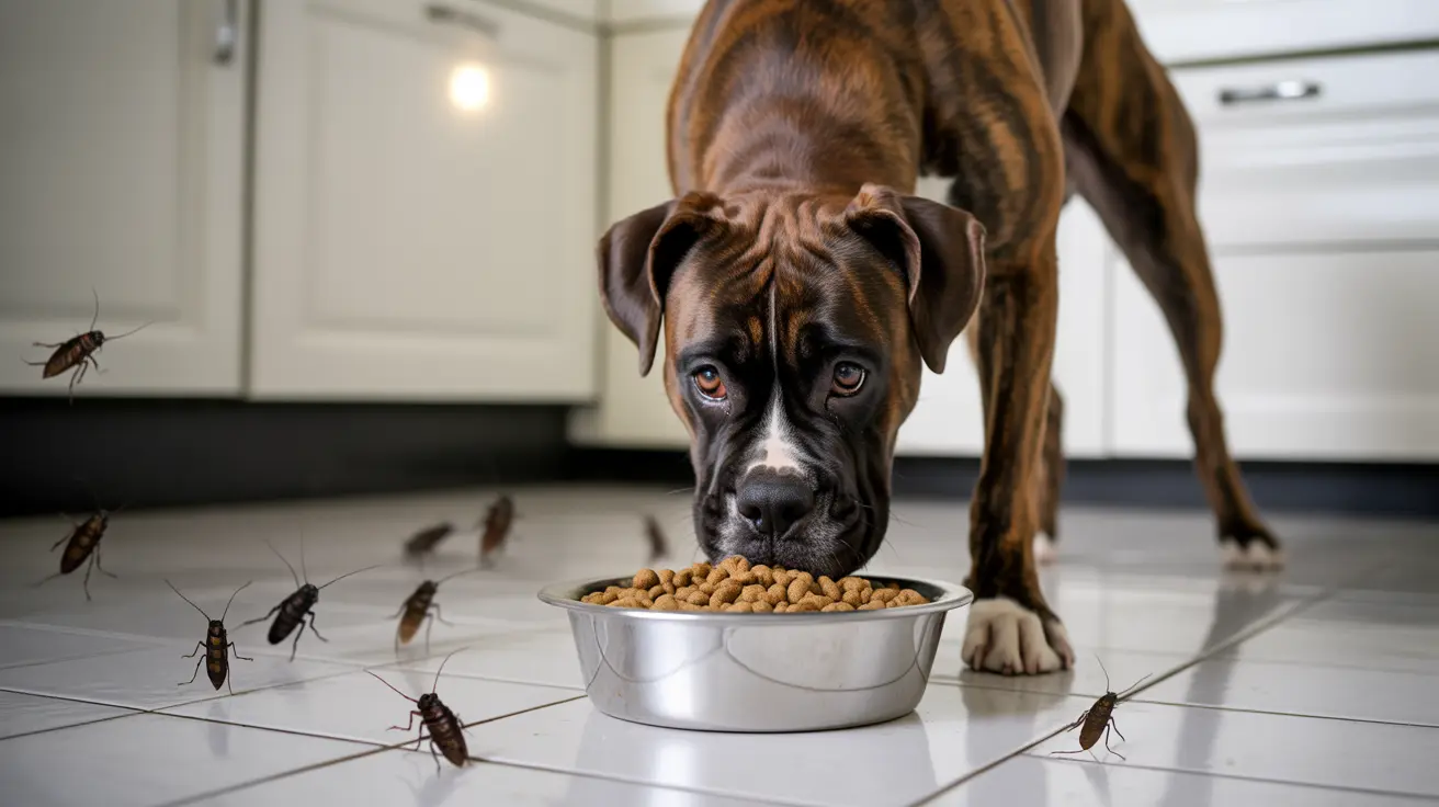 Worried Boxer dog looking at a food bowl surrounded by cockroaches on a kitchen floor