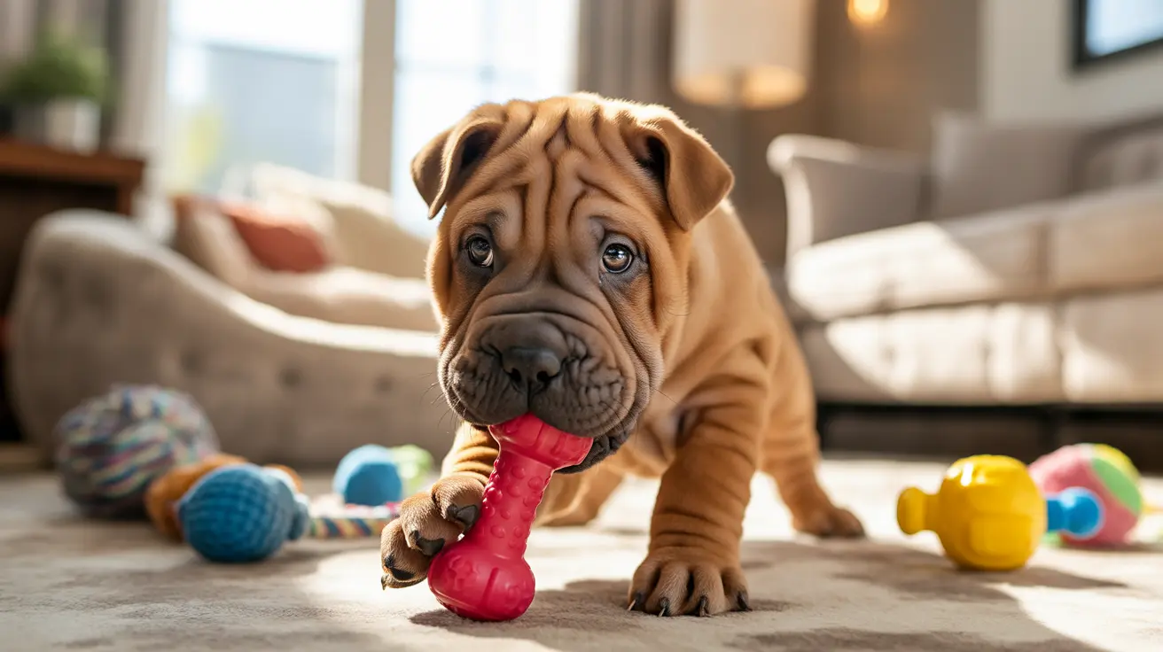 Wrinkly Shar Pei puppy sitting with a red chew toy surrounded by colorful dog toys