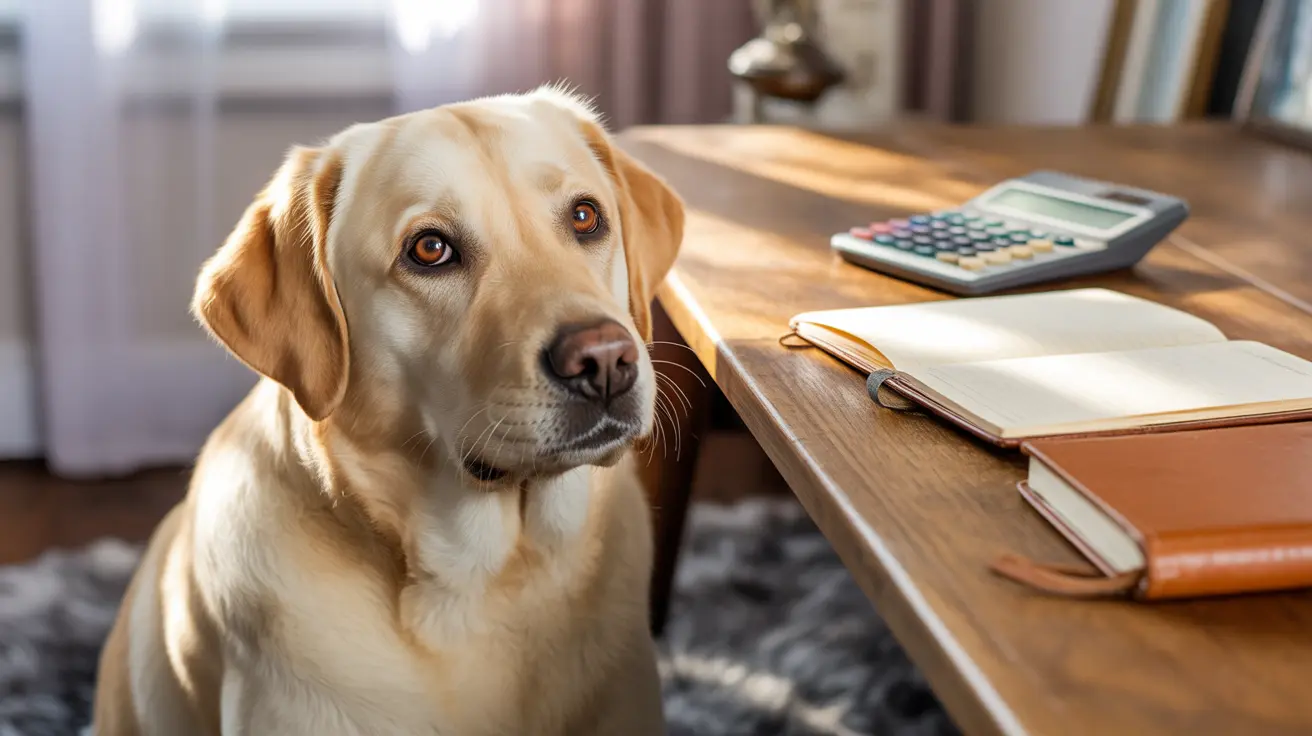 Yellow Labrador Retriever sitting calmly next to wooden desk in home office