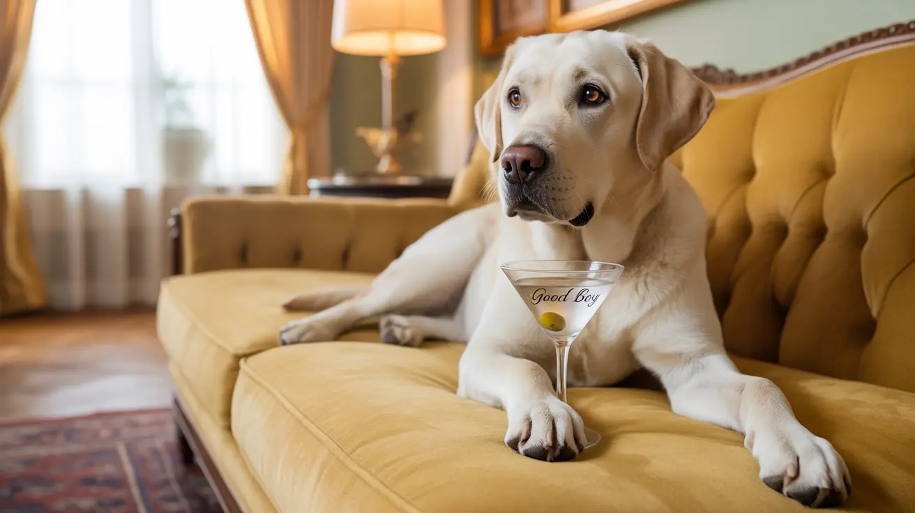 A yellow Labrador Retriever lounging on a yellow couch with a martini glass labeled 'Good Boy'.