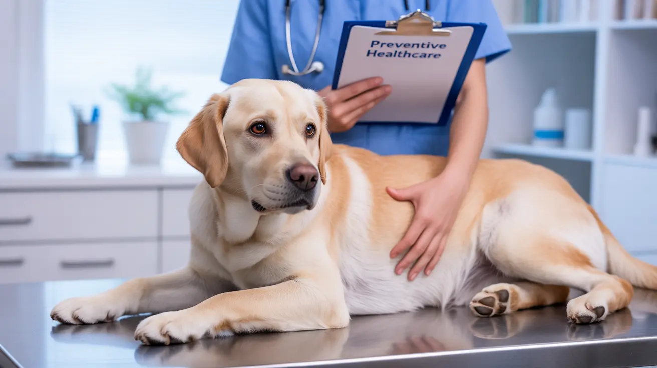 A calm yellow Labrador Retriever receiving a preventive healthcare examination at a veterinary clinic