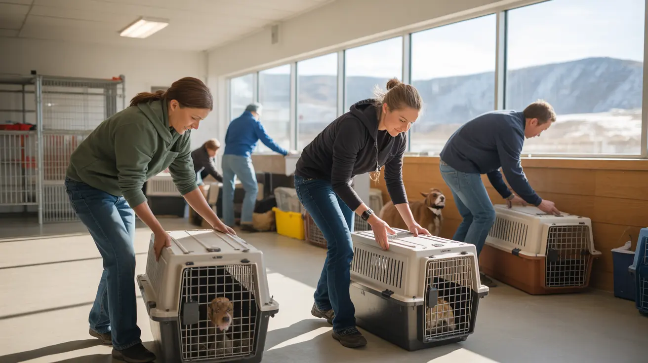 Voluntarios transportan perros en transportadoras dentro de una luminosa clínica veterinaria o refugio de animales