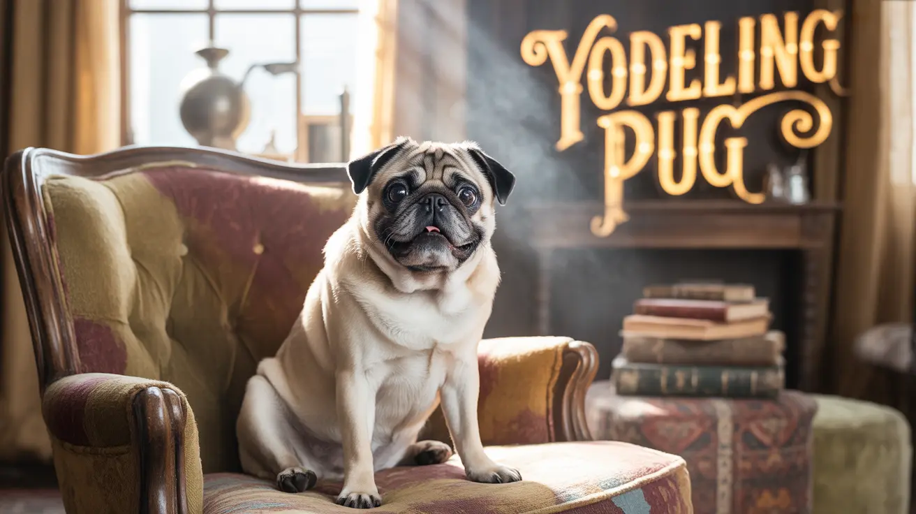 A fawn-colored pug sitting regally on an antique armchair with a 'Yodeling Pug' sign in the background