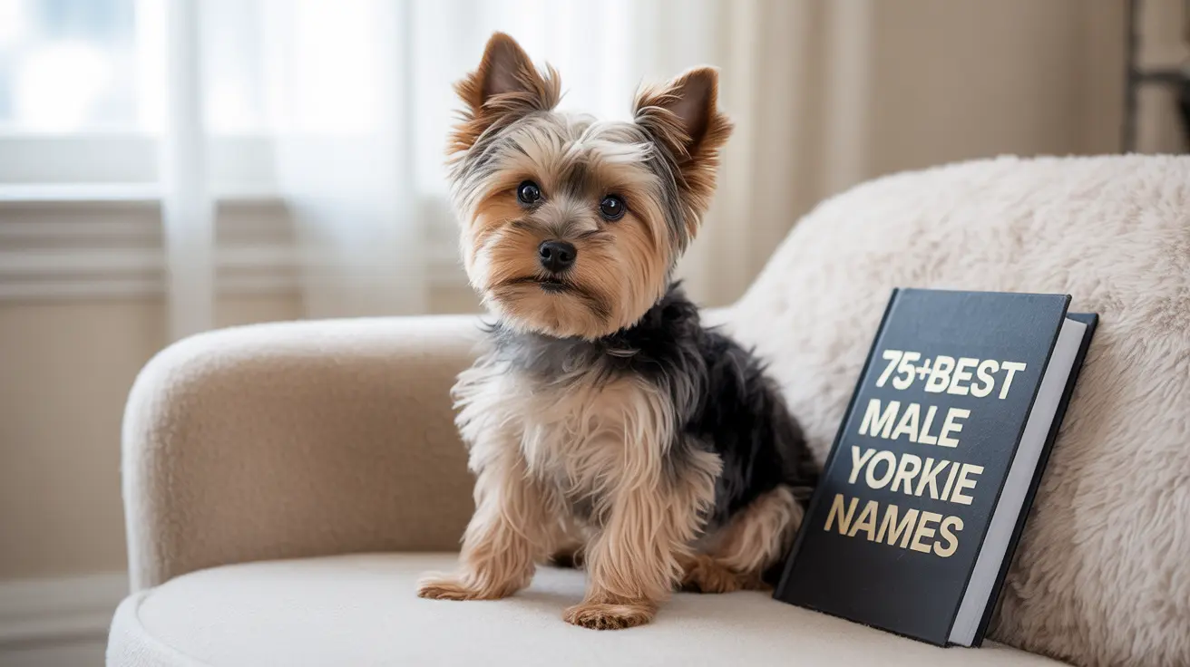 A well-groomed Yorkshire Terrier sitting on a light-colored couch next to a book titled '75+ Best Male Yorkie Names'.