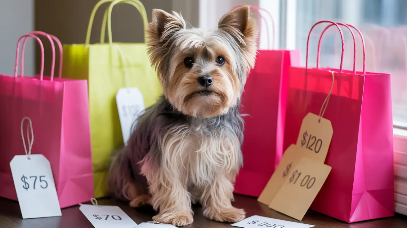 A Yorkshire Terrier sitting among colorful shopping bags with price tags