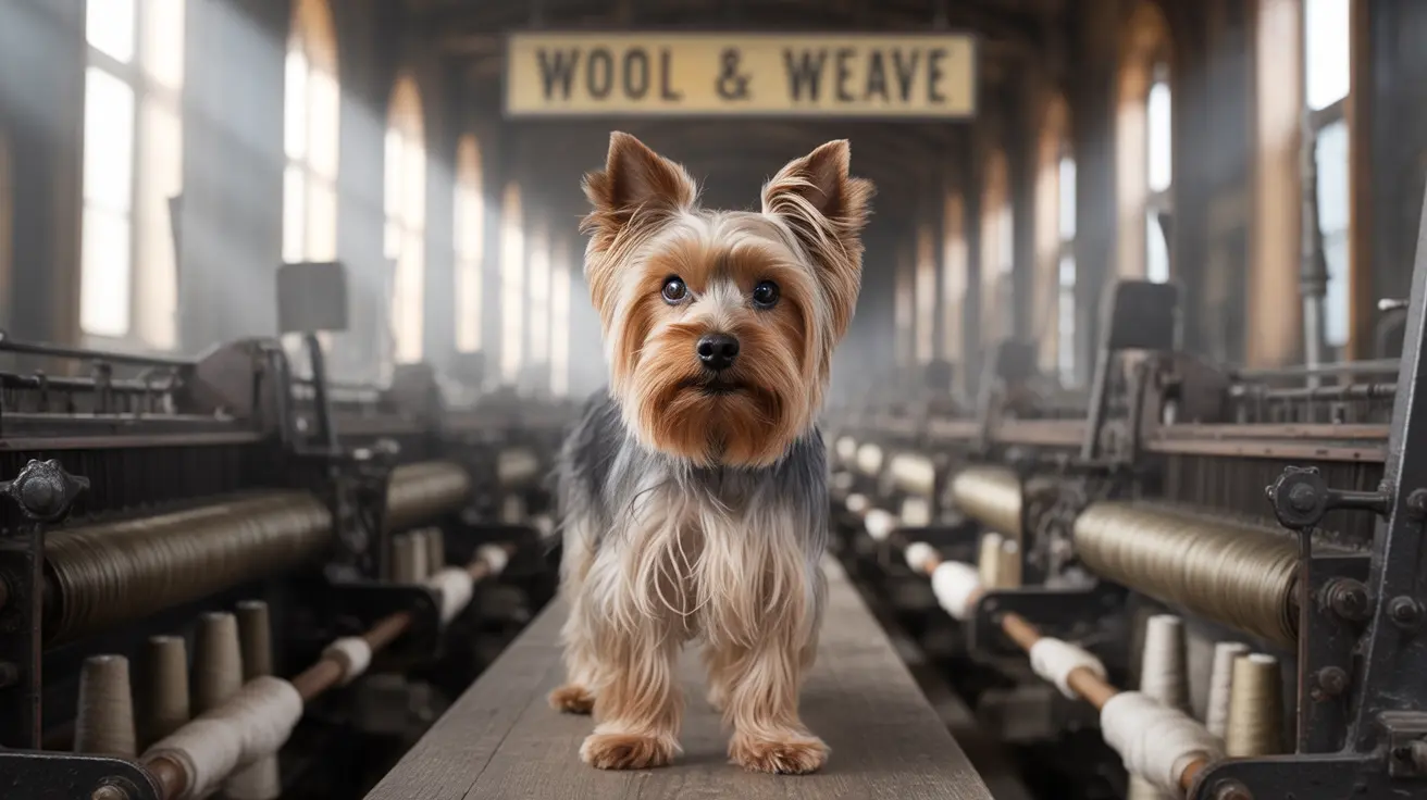 A Yorkshire Terrier standing confidently on a wooden walkway in an old textile mill with a 'Wool & Weave' sign in the background