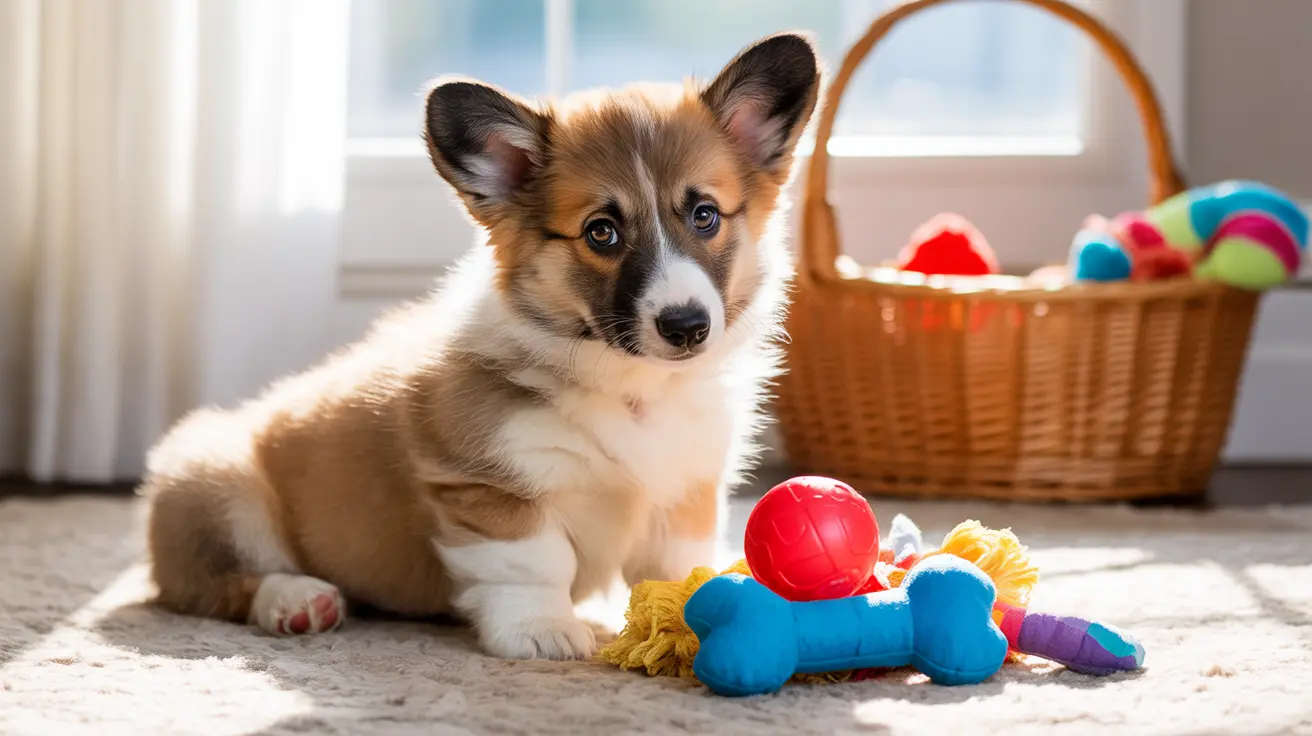Un joven cachorro de Corgi sentado en una alfombra rodeado de juguetes de perro coloridos.