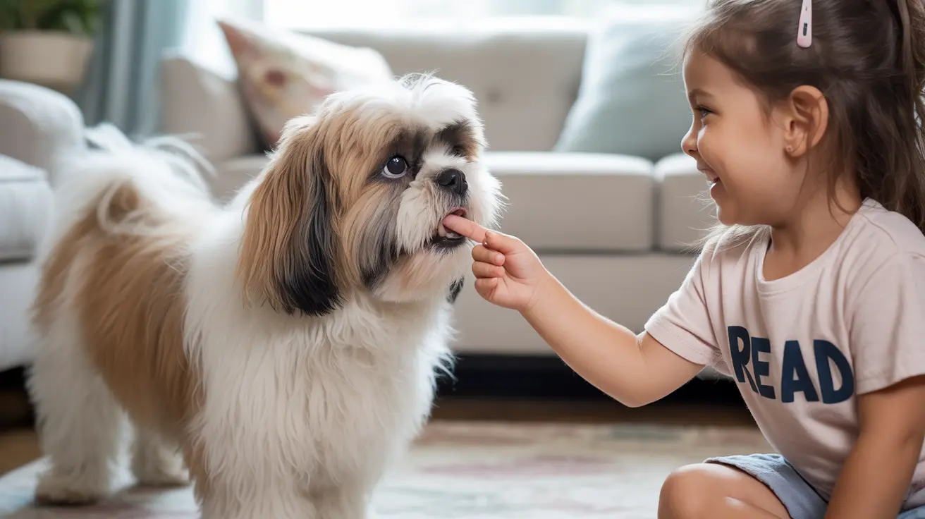 Young girl playing with a fluffy Shih Tzu in a cozy living room